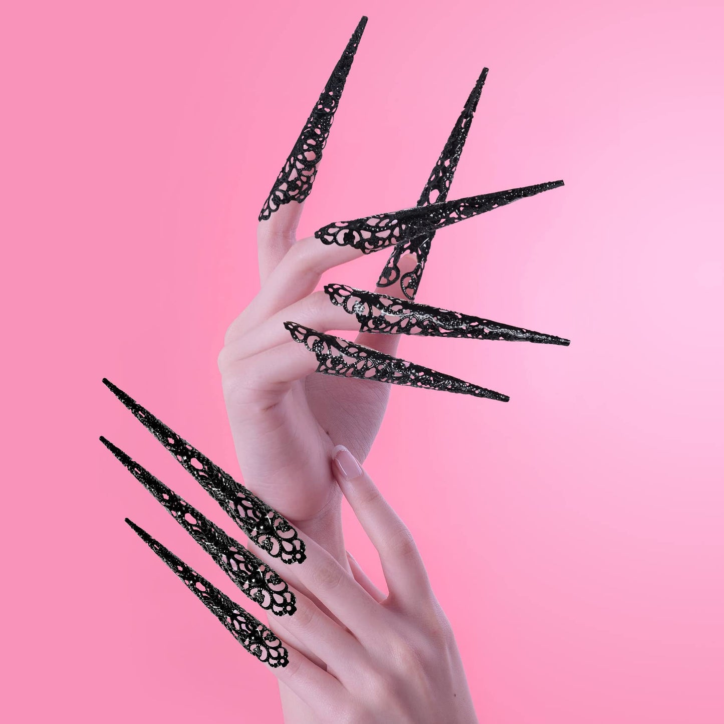 ANCIRS 10 Pack Finger Nail Tip Claw Rings, Ancient Queen Costume Fingertip Claw Nail Rings Decoration Accessory, Finger Knuckle Protectors for Halloween Cosplay Drama Dance Show- Black