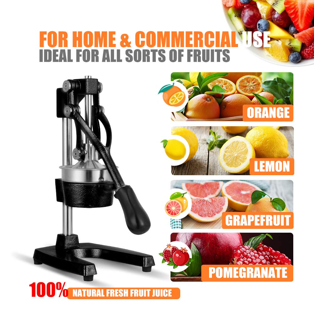 Gowintech Commercial Heavy Duty Cast Iron Hand Press Manual Orange Citrus Lemon Lime Grapefruit Pomegranate Fruit Juice Squeezer Machine with Stainless Steel Cup Black