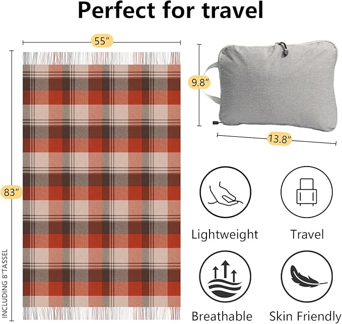 Throw Blanket Plaid with Carry Bag | Soft Wool Travel Blanket 55"x83" 1.5lbs | Festive Christmas Plaid Decorative Throw for Couch, Camping & Gift
