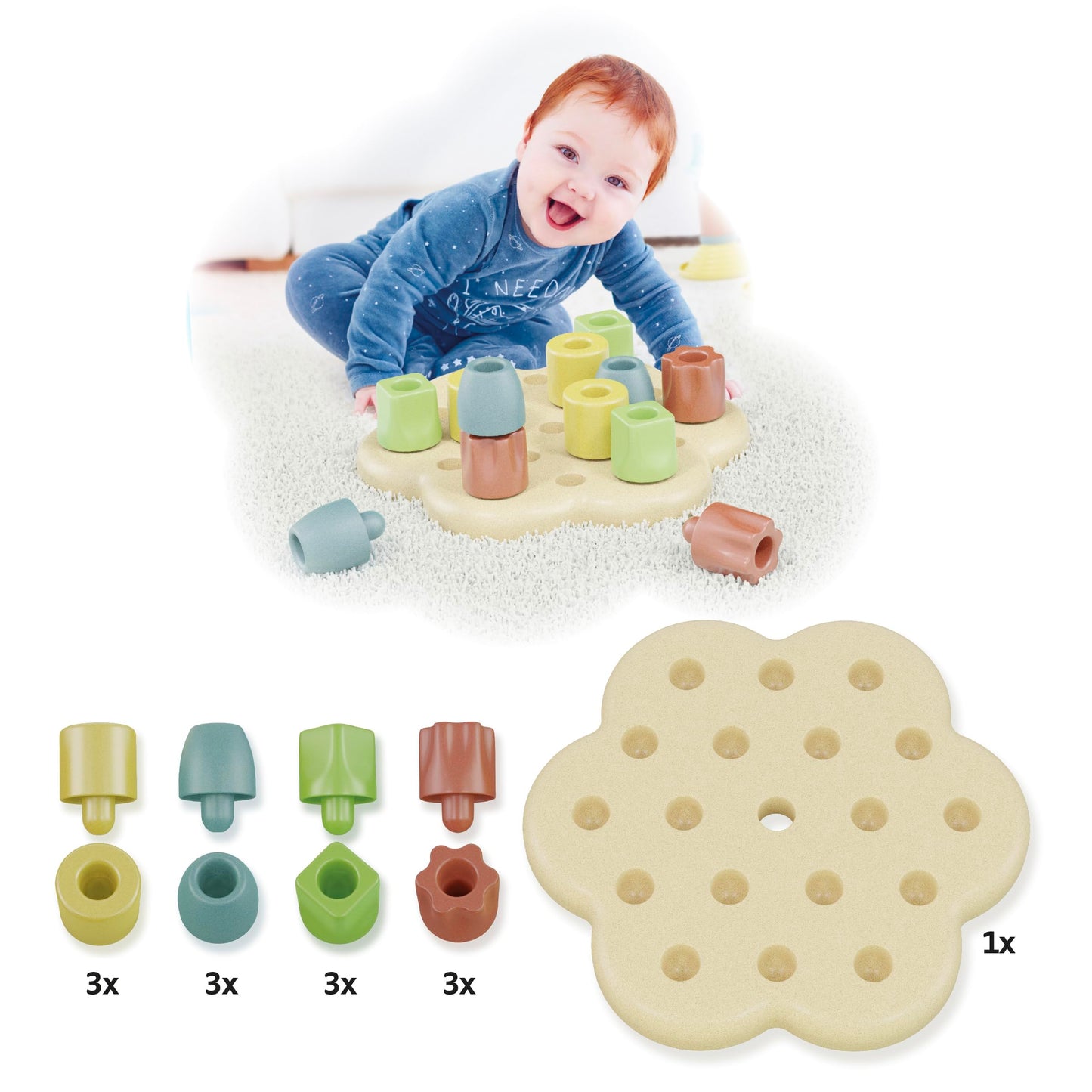 Quercetti: PlayBio - Chunky Peggy - 13pc Peg Blocks Sorting & Stacking Toy, Color Tower Building, Free Play, Earth Conscious, Baby-Toddler 1+