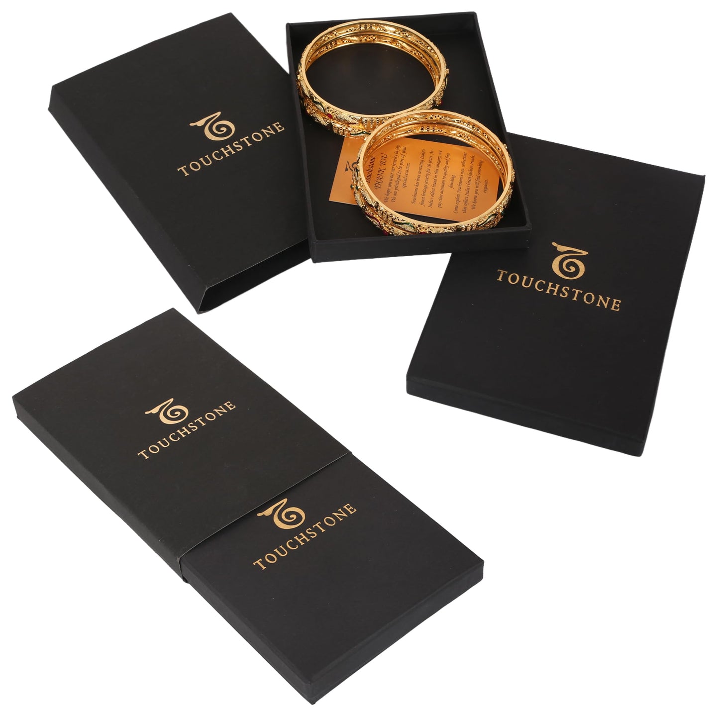 Touchstone "Golden Bangle Collection Indian Bollywood Desire Carved Conch Shell Inspired Faux Ruby Emerald Thick Designer Plus Size Jewelry Bangle Bracelet. Set of 4. In Gold Tone For Women