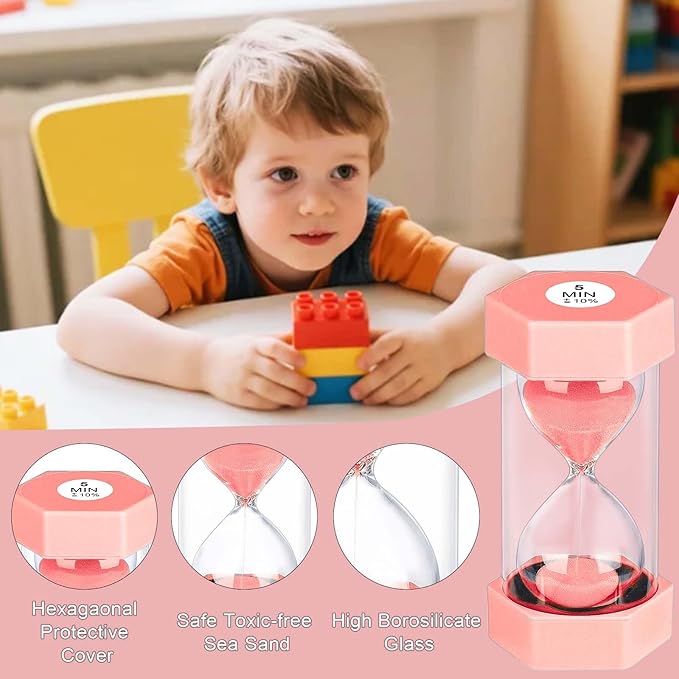 5 Minute Hourglass Sand Timer, Plastic Hexagon Hourglass Sand Clock 5 Min, Reloj De Arena 5 Minutos,Unbreakable Sandglass for Classroom Games Kitchen (Pink)