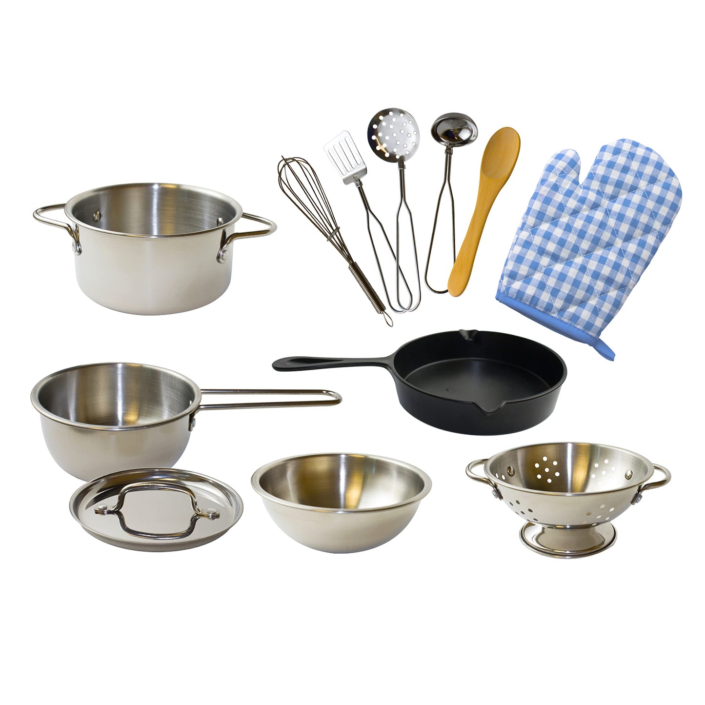 PopOhVer Deluxe Pots & Pans Set - 12 Piece Stainless Steel Play Kitchen Set - Realistic Looking Cookware for Imaginative Role Play - Great for Young Boys and Girls Ages 3+