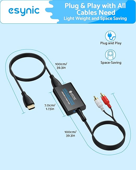 eSynic 7 FT Long eARC/ARC Audio Extractor-Plug & Play-Only Work For HDTV ARC/eARC Interface-192KHZ ARC to RCA&3.5MM Aux Adapter From HDTV to 3.5MM Headphone&L/R Stereo Audio System-No Optical Soundbar