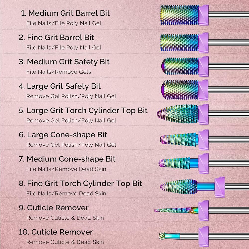 GLIX 10-in-1 Professional Nail Drill Bits Set, Rainbow Tungsten Carbide E File Bits for Acrylic Nails & Gel Polish Removal, 3/32" Shank Russian Manicure Kit with Safety Cuticle Ball & Flame Bit