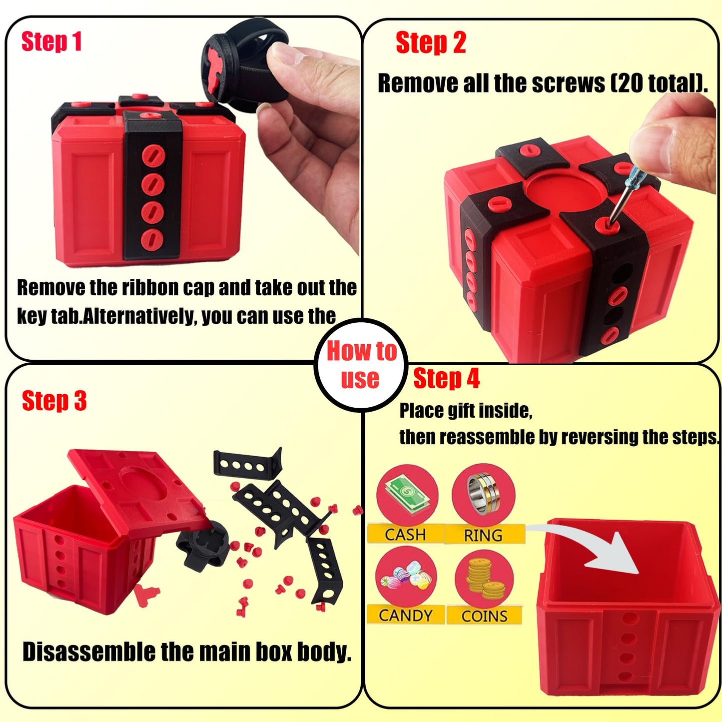 EXQDYNM Annoying Gift Box with Screws, Take Apart Puzzle Surprise Prank Christmas Funny Hilarious Money Card Container, Novelty Box (8cm*8cm)
