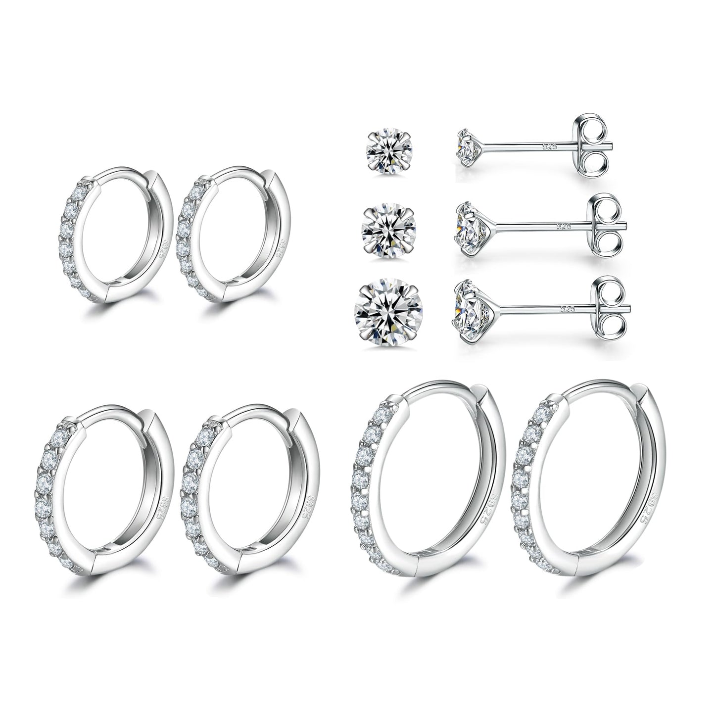 Sterling Silver Hoop Earrings Sterling Silver Stud Earrings for Women 6 Pairs Hypoallergenic Tiny Cubic Zirconia Stud Set Cartilage Hoops