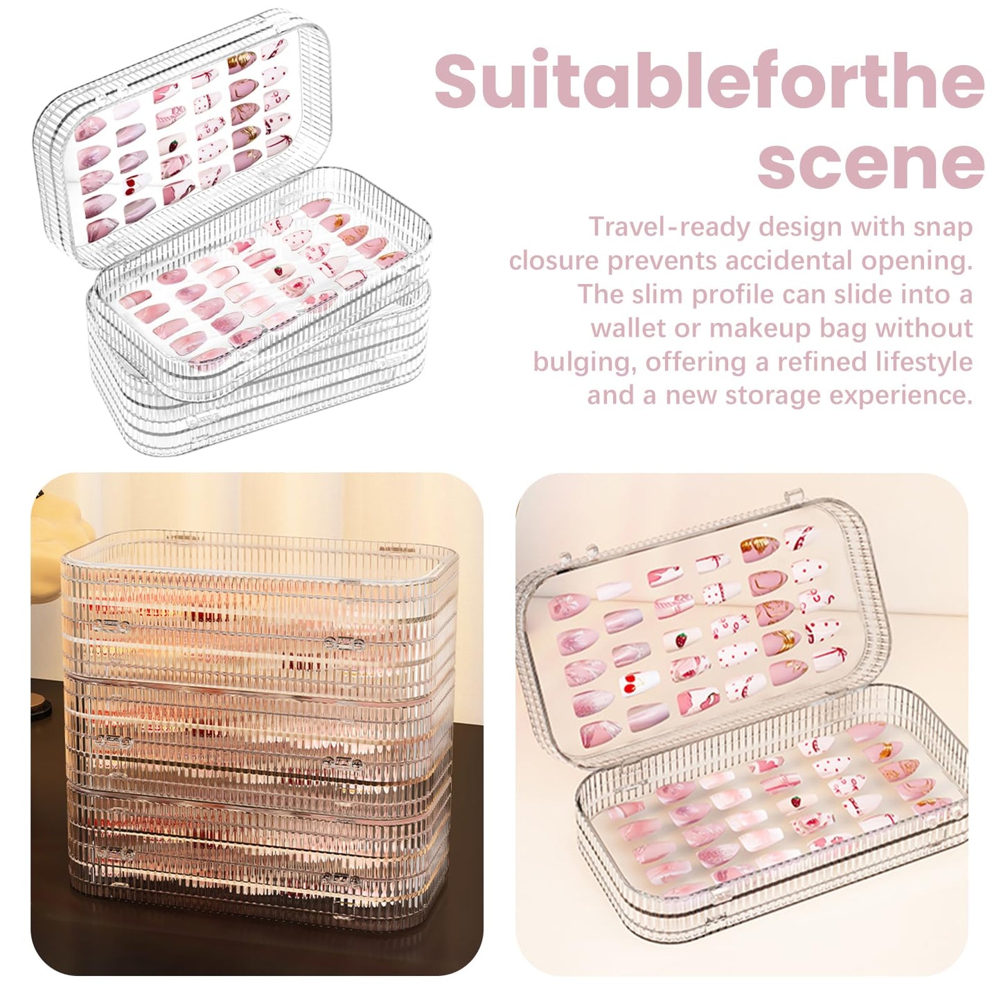 Oskrieel Large Tri-Fold Press On Nail Organizer Case - 4-Page Portable Storage Box for Fake Nails, Clear PET Plastic Travel Holder (6×3.2×1.8 inch) Texture 2Pcs