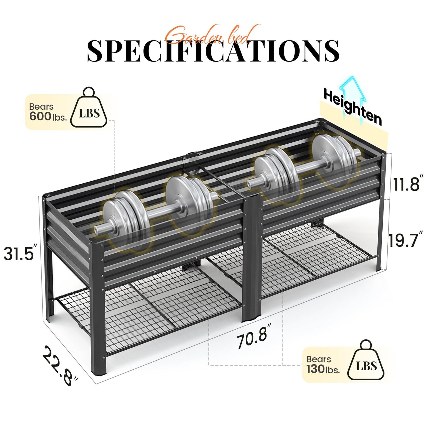 KING BIRD Large Raised Garden Bed with Legs & Storage Shelf Galvanized Elevated Planter Box for Backyard, Patio, Balcony, 600lb Capacity, Dark Grey 70.9x22.8x31.5 in