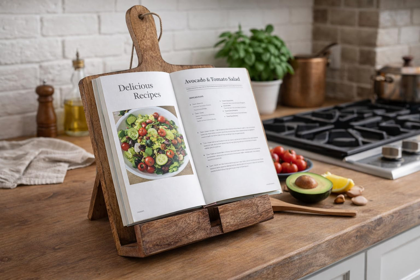 Christmas Cooking Gift Wooden Cookbook Stand Chopping Board Style Foldable Recipe Book Stand Holder Easel for Kitchen Text Book Tablet L 9.5 x B 1.5 x H 14 inches (Brown)