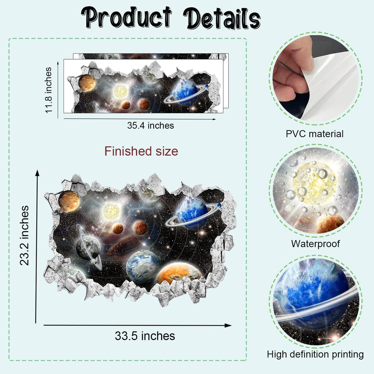 Large 3D Space Galaxy Wall Stickers (33.5”x 23.2”), Solar System Vinyl Wall Decals, Removable Universe Outer Space Planet Wall Art for Kids Bedroom Playroom Decor
