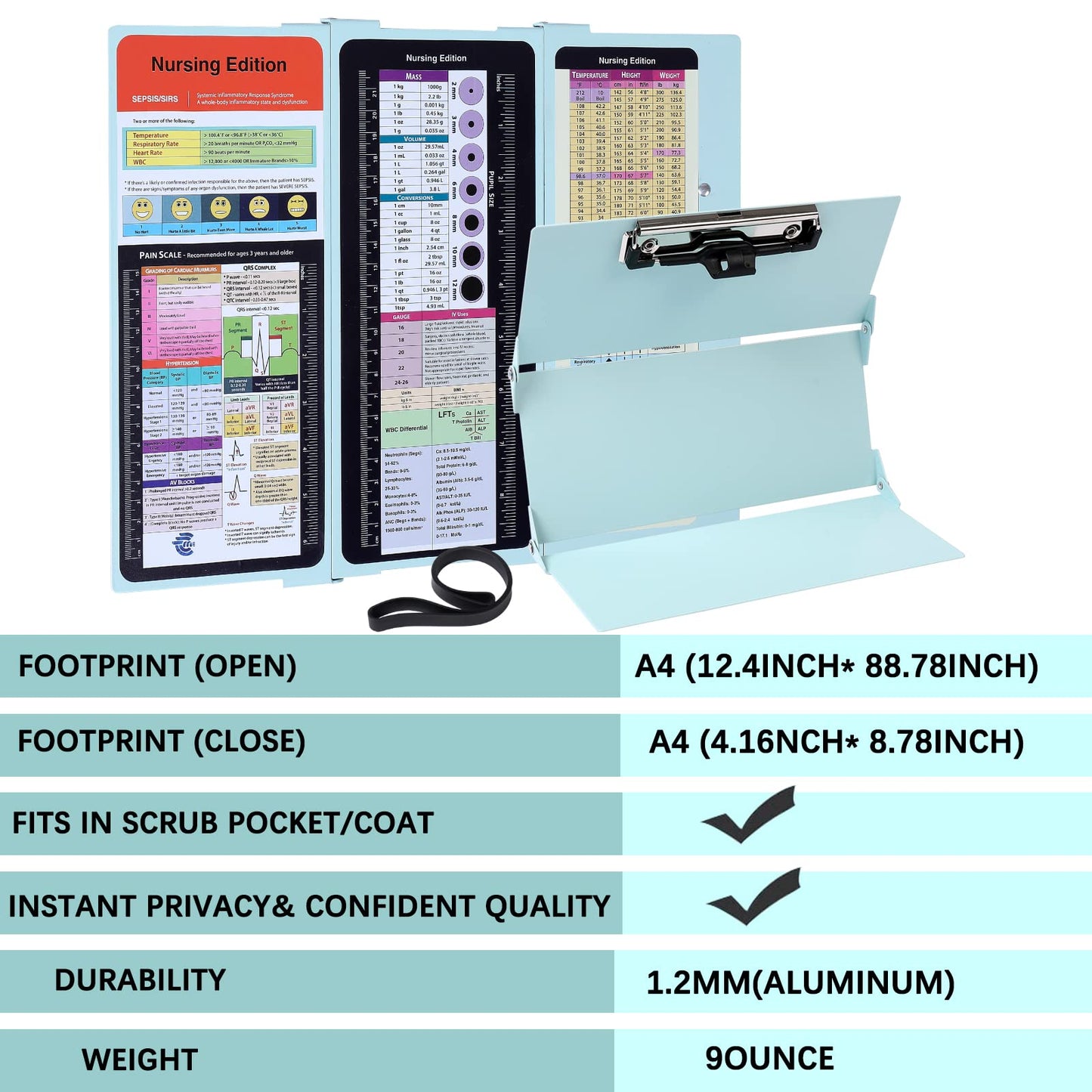 Nursing Clipboard Foldable Pocket Size-Nursing Edition Cheat Sheets Aluminum 3 Layers Foldable Clipboard Nursing Nurse Clipboard Foldable fits in Nurses Doctors(Mint)
