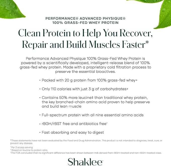 Shaklee - Performance® Advanced Physique® 100% Grass-Fed Whey Protein: Fast-Absorbing Formula - 20g Protein 110 Calories - Chocolate - 20 Servings