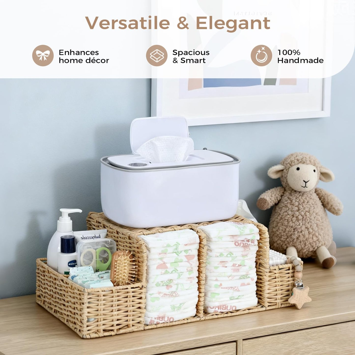 Klippehop Diaper Caddy Organizer, Hand Rattan Nursery Storage Basket for Baby Essentials, Baby Changing Table Organizer Perfect Nursery Assistant (Hollow PE Rattan - Style 2, L)