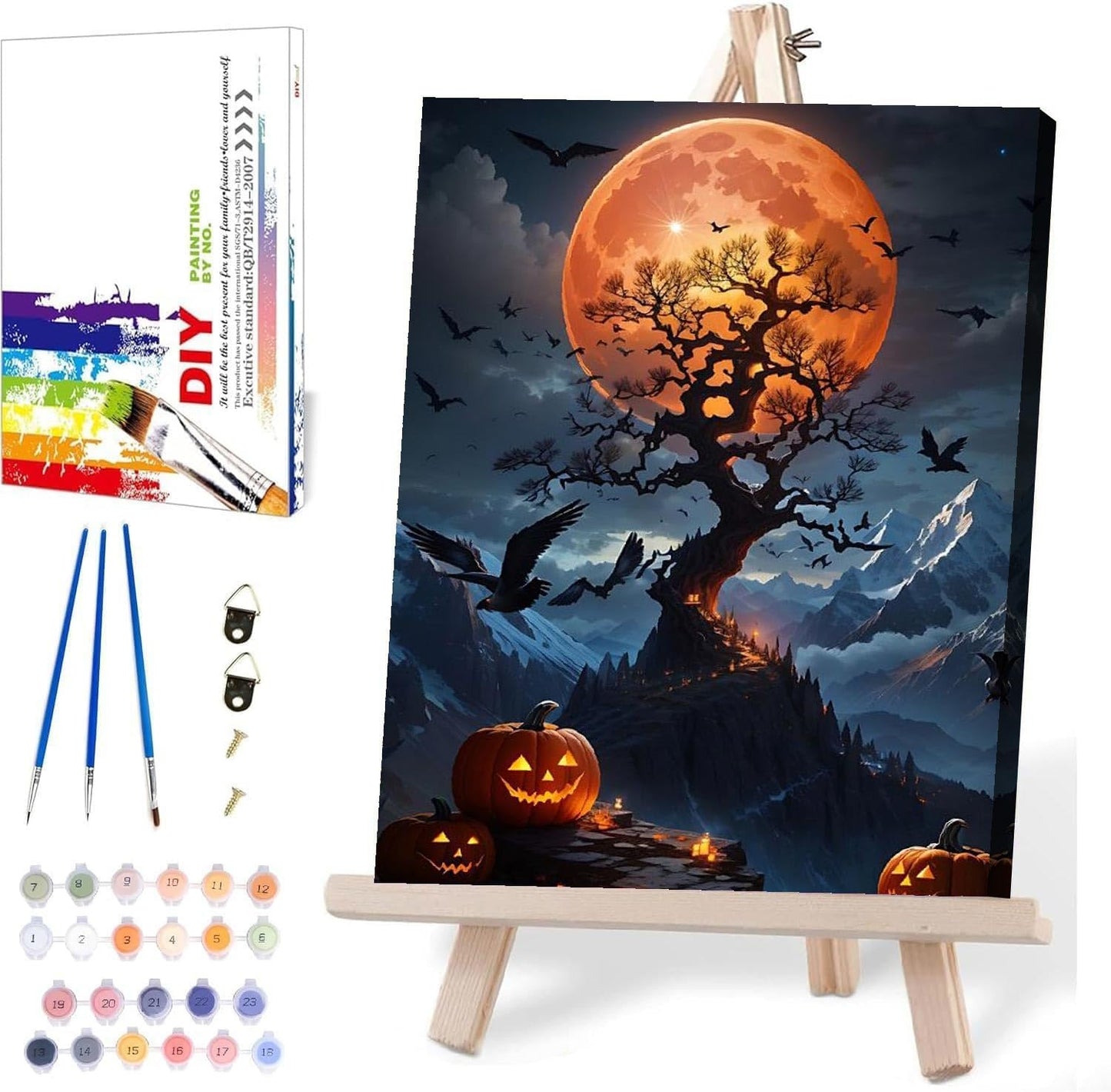 Halloween Paint by Numbers for Adults with Framed Canvas-with Wooden Easel,Paint by Numbers Kits Framed Canvas,DIY Acrylic Oil Painting Kits with Brushes Nice Gift Box for Home Wall Decor(12x16 Inch)