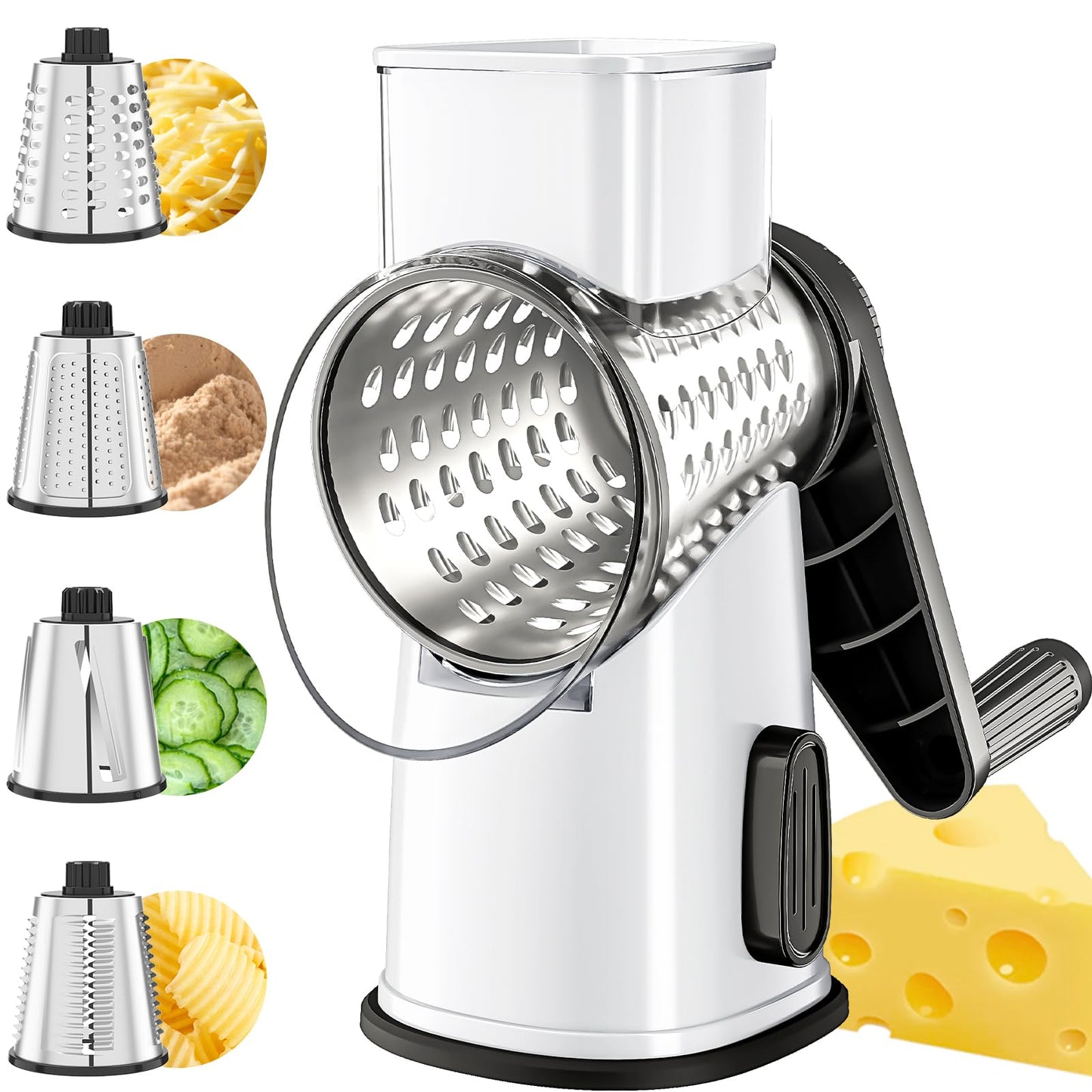 VEKAYA Rotary Cheese Grater Hand Crank with 4 Interchangeable Stainless Steel Blades, Large Manual Handle Shredder and Waffle Slicer for Vegetables, Cheese and Nuts with Table Suction Base(White)