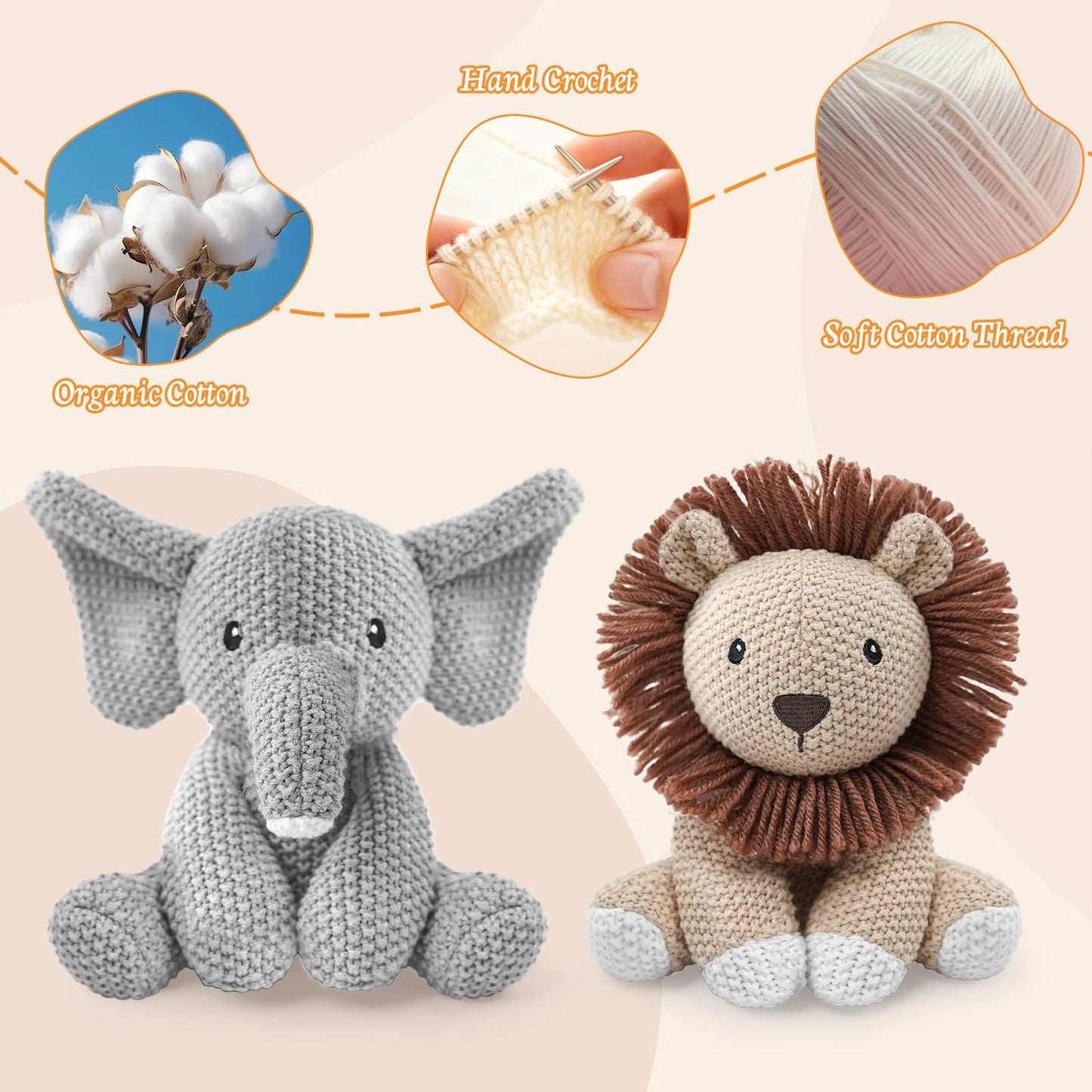okegztoa 2-Pack Crochet Stuffed Animals (Sitting Lion & Elephant), 8-10 Inches Soft Cotton Thread Plush, Hand-Crocheted Toys, Kid & Adult-Friendly Gifts