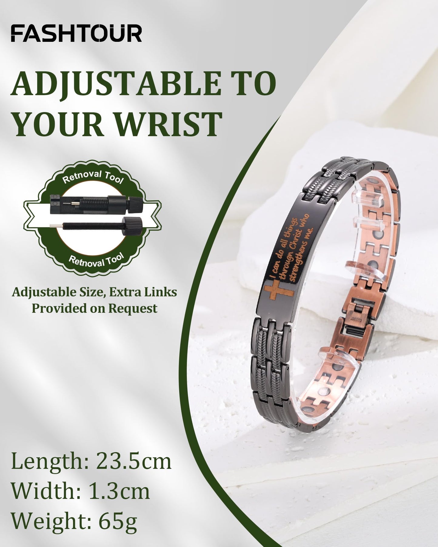 Fashtour Copper Cross Bracelet for Men, Ultra Strength Magnetic Jewelry, Rice-Ear Design Adjustable Copper Biblical Cross Bracelet with Sizing Tool & Box (Black-Philip 4:13)