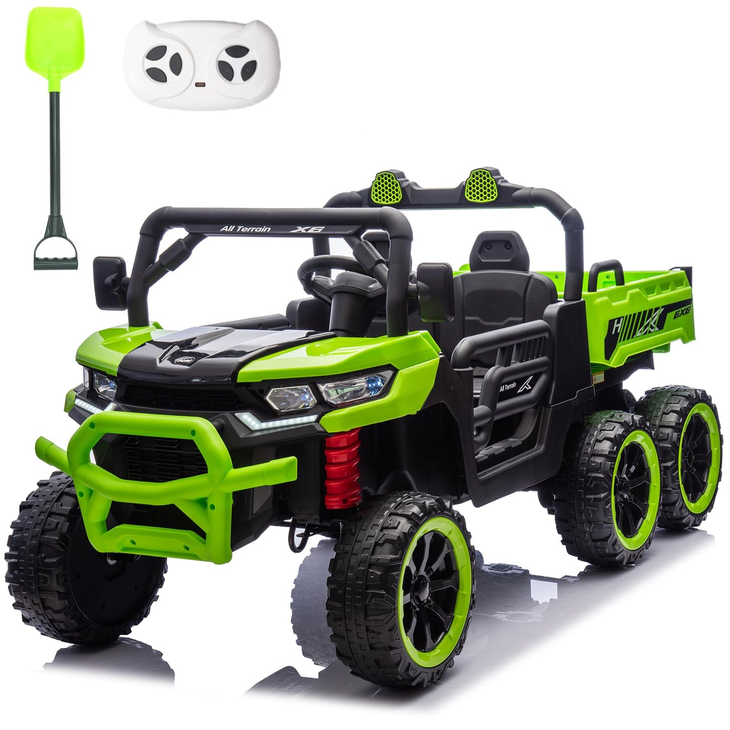 AOKOY 24V Side by Side 6 Wheel Ride On Dump Truck, 4WD Battery Powered Electric Car for Boys and Girls Outdoors with Remote Control, Bluetooth, Green