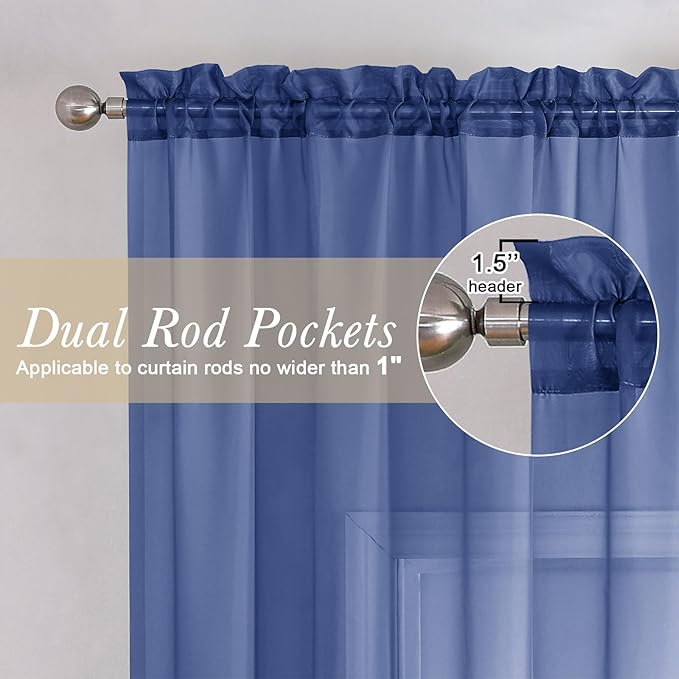 Lecloud Royal Blue Sheer Curtains 72 Inches Long 2 Panels, Rod Pocket Voile Light Filtering Curtains for Living Room, Airy Curtain Drapes for French Door Bedroom, Each Panel 42 X 72 Inch
