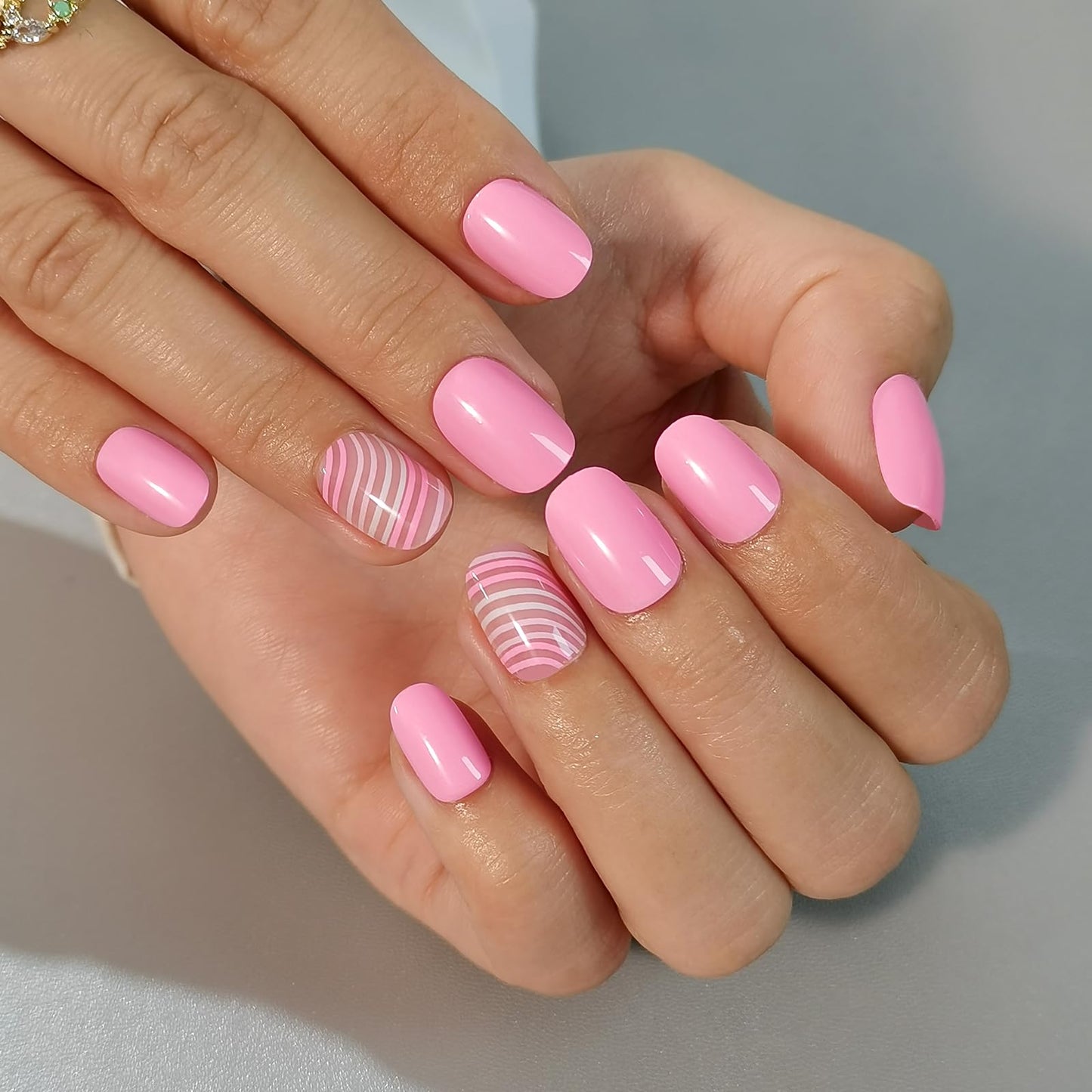 CurvLife Soft Gel Press On Nails Extra Short - 30pcs Full Cover False Pink Ripple Nail Tips Designs, Fake Nail with Nail Glue - Easy Application Nail Accessories for Women
