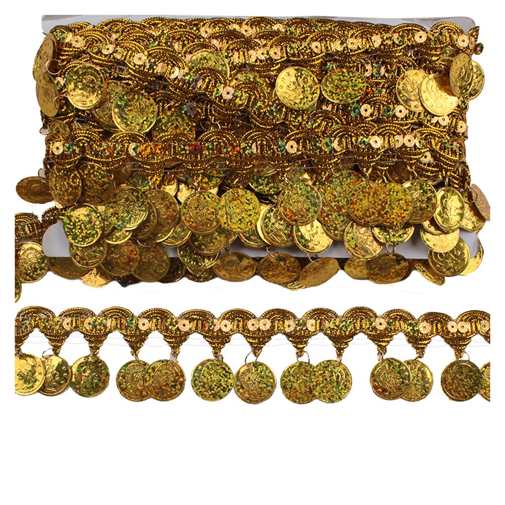 MIPPER 10 Yards Coin Shape Sequin Tassel Trim 1.77 Inch Width Fringe Lace Dance Dress Belt Chain DIY Clothing Ribbon (Gold)