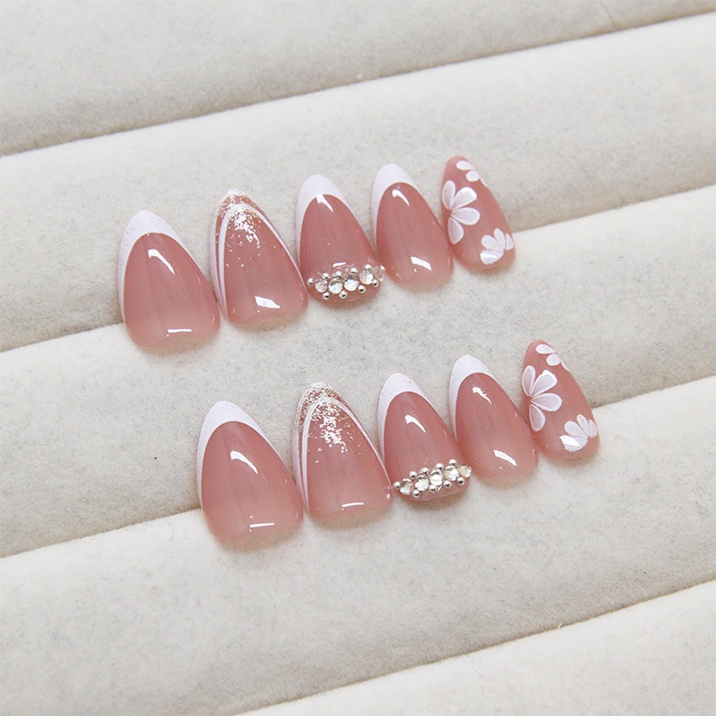 French Press on Nails Short Almond Fake Nails White with Flower Rhinestones Designs Full Cover Acrylic Glue on Nails Removable Artificial Stick on Nails for Women 30 Pcs