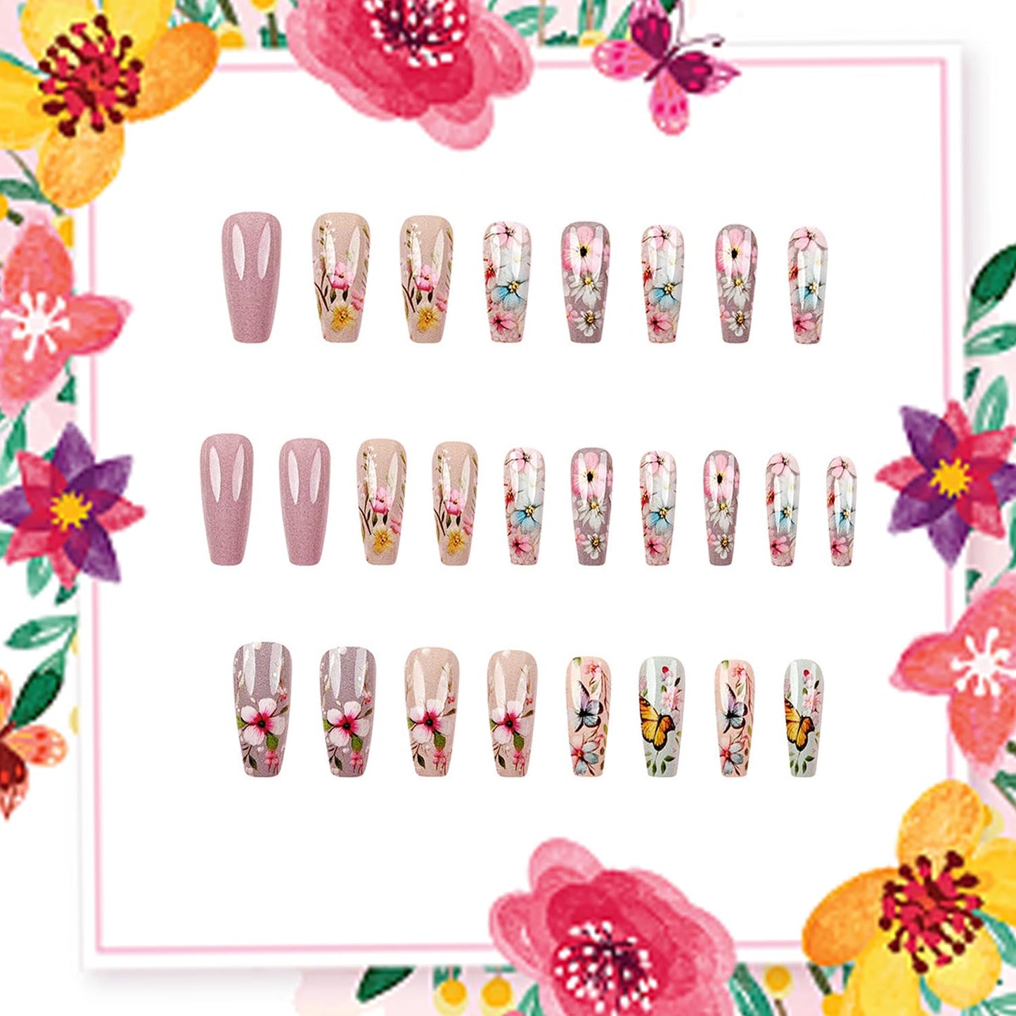 24Pcs Flower Press on Nails Medium Ballet Shaped Full Cover Glossy Artificial Stick on Nail Colrful Floral Butterfly Pattern Design Spring False Nail Reusable Acrylic Press Ons Glue on Nails for Women