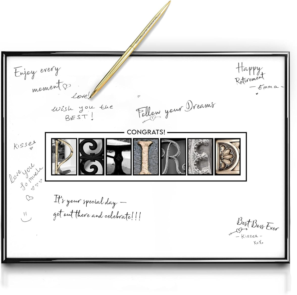Framed Retirement Decorations Guest Book for Men 12"x16" Black Frame, Party Decor - including Gold Pen & Acrylic Glass - Happy Retirement Card Centerpieces, Retired Party Decor Gifts for Him