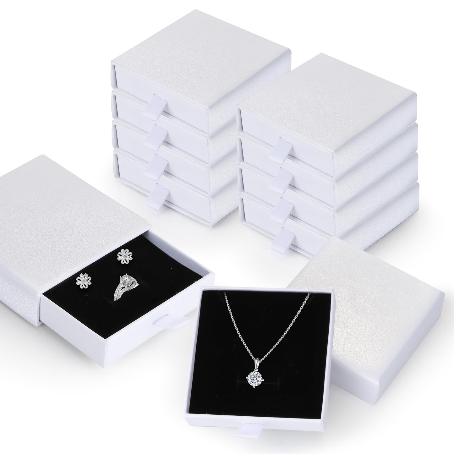 MATUFF Jewelry Gift Boxes, 10 Pack 3.5" × 3.5" x 1" Sponge Fill Cardboard Jewelry Box Bulk, Drawer Style Small Gift Boxes for Necklace Pendant Bracelet Ring Earring Display and Storage, White