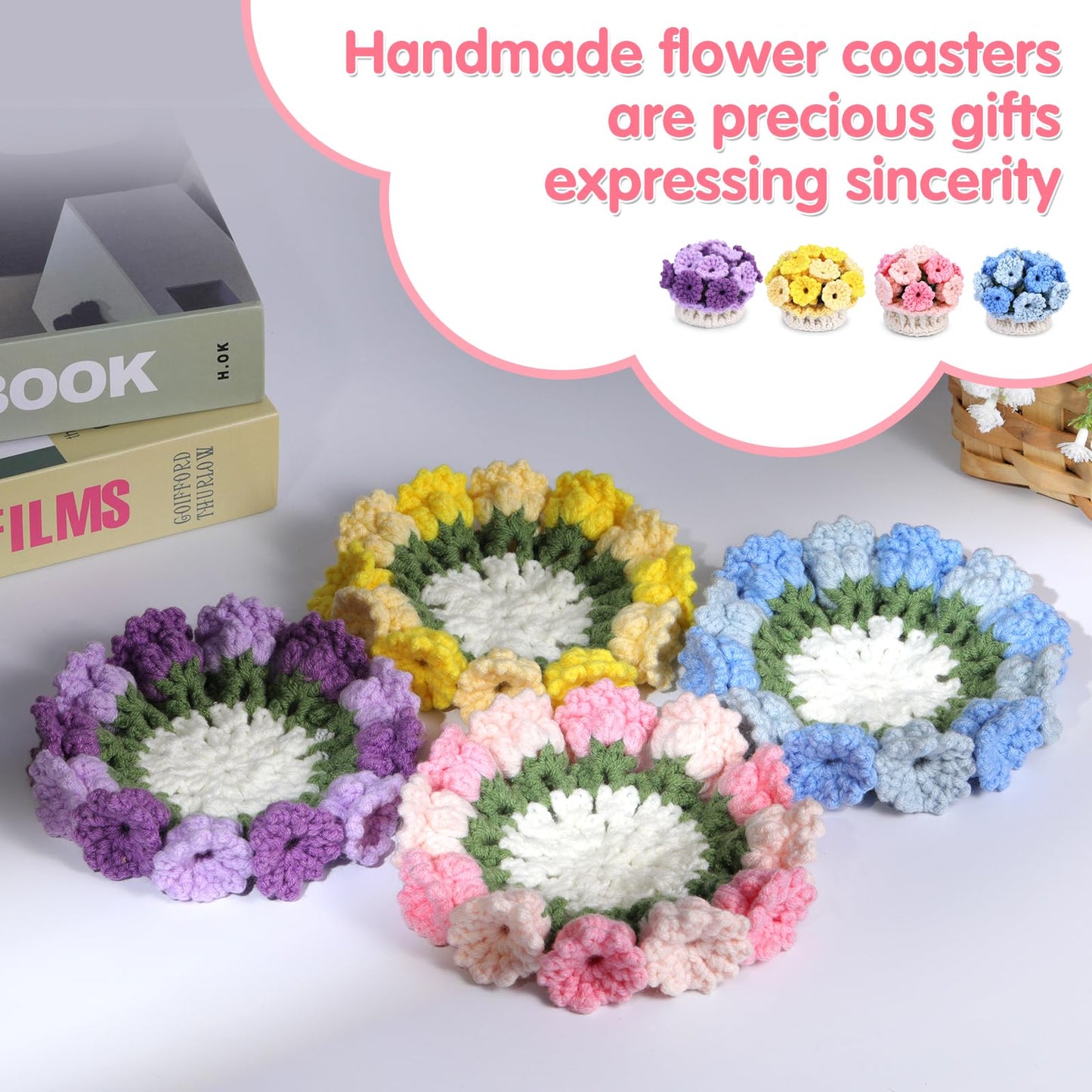 Iuuidu Crochet Kit for Beginners-4PCS Coaster Pot Crochet Kits Coaster Crochet Flower Kit with Crochet Yarns, Hooks, Easy Videos Tutorials to Crochet for Office, Coffee Table, Home Decor
