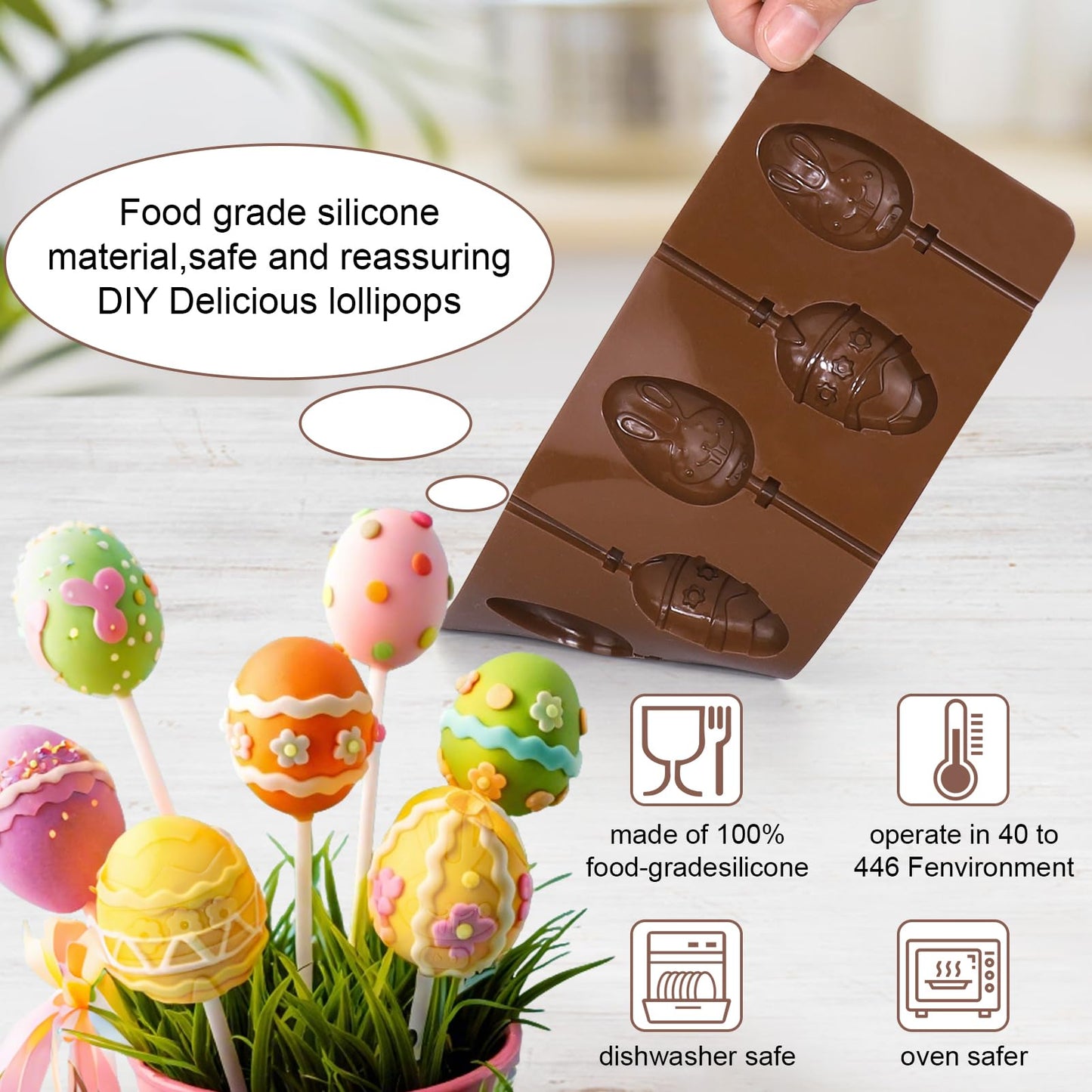 Mity Rain Easter Cake Pop Mold Kit – 2pcs Egg Silicone Molds, 100 Bags, 100 Sticks and 100 Gold Ties, DIY Egg Lollipop Molds for Chocolate, Candy, Cupcake Decorations Easter Celebrations