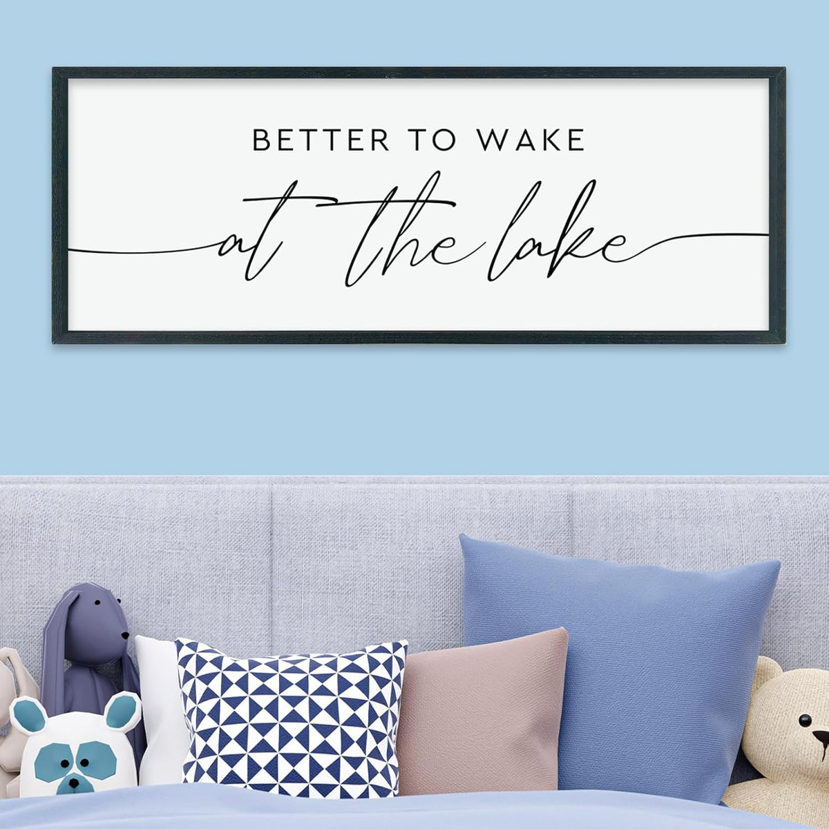 LuZhiQiang Better To Wake At The Lake Above Bed Wall Decor 40"×15" for Lake House Bedroom Over Bed Sign Wood Framed Large Wall Hanging Art (Black)