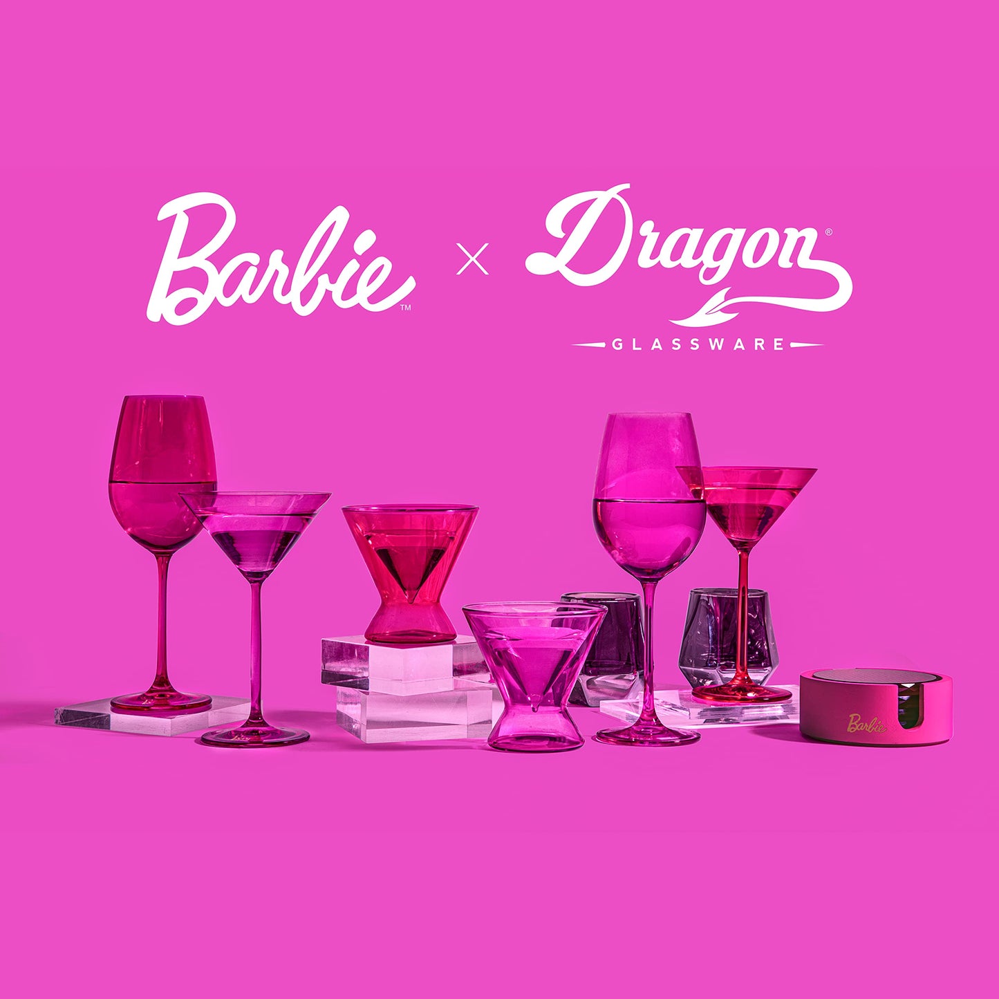 Dragon Glassware x Barbie Coasters with Holder - Pink Crystal Glass Coasters for Drinks Set of 4 - Lead-Free and Non-Slip Barware for Coffee Table
