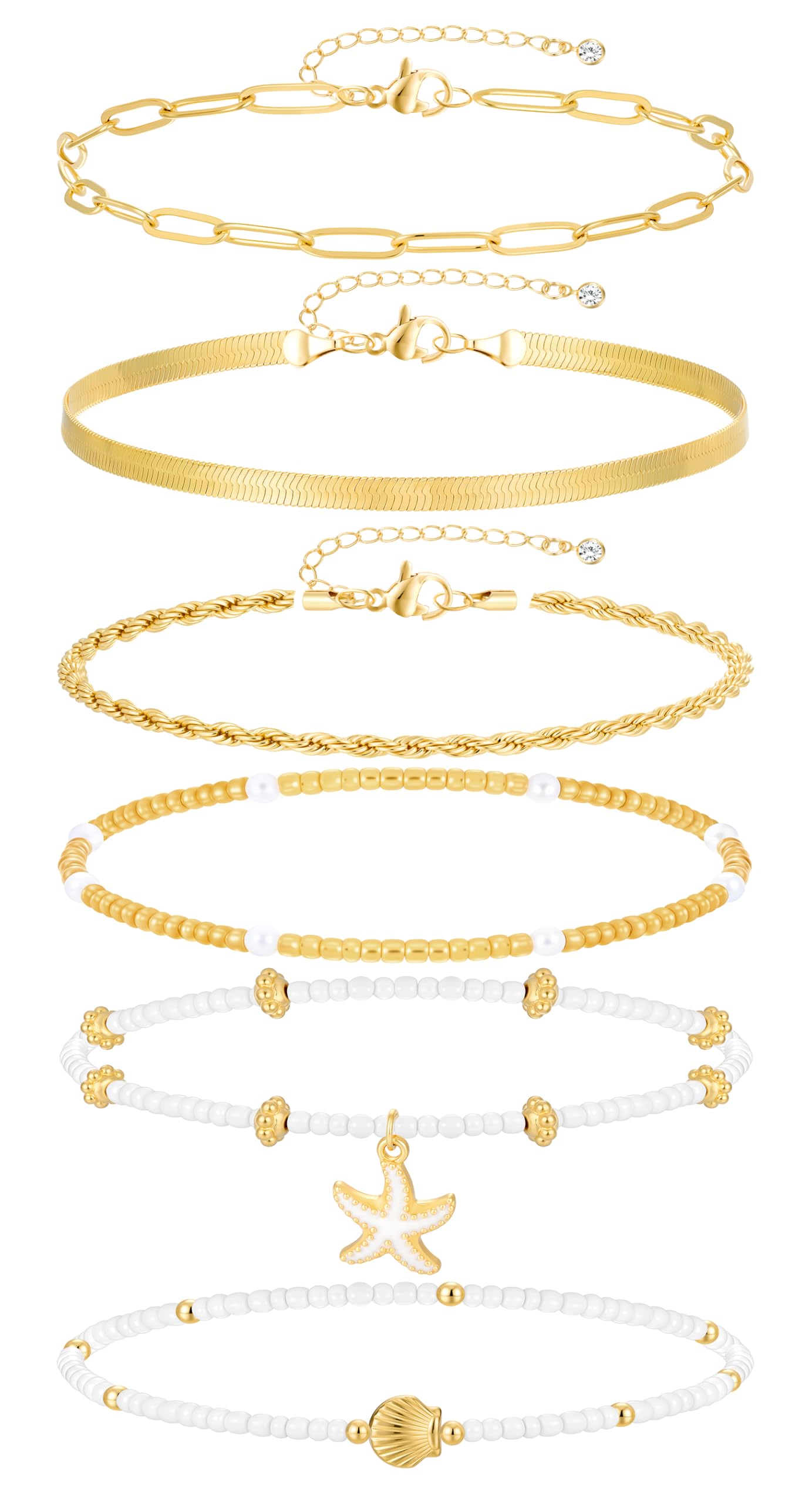 FAXHION Gold Ankle Bracelets for Women Waterproof, Starfish Bead Cuban Link Chain Adjustable Anklets Set, Hawaiian Boho Anklet Beach Waterproof Jewelry Gift for Women
