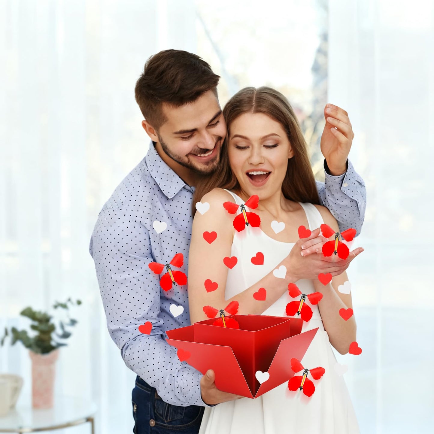 Red Flying Butterfly Explosion Gift Box, Love You, Unique Exploding Surprise Box with Love Heart and 4 PCS Butterflies for Valentine's Day, Birthday, Wedding, Anniversaries