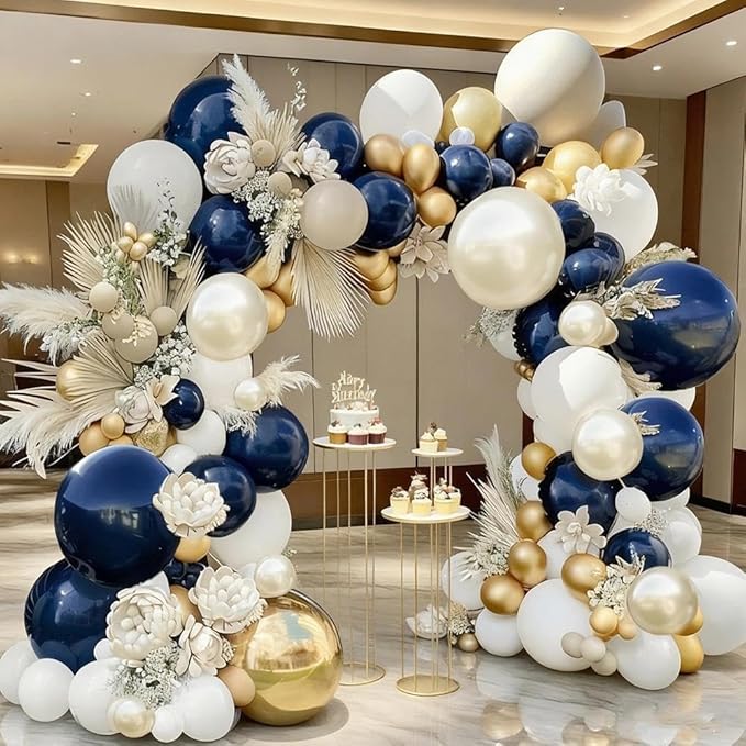 Navy Blue White Balloons Double Stuffed Dark Royal Blue White Gold Balloons Pearl Sand Balloon Garland Arch Kit for Birthday Baby Shower Father's Day Wedding Graduation Party Decorations