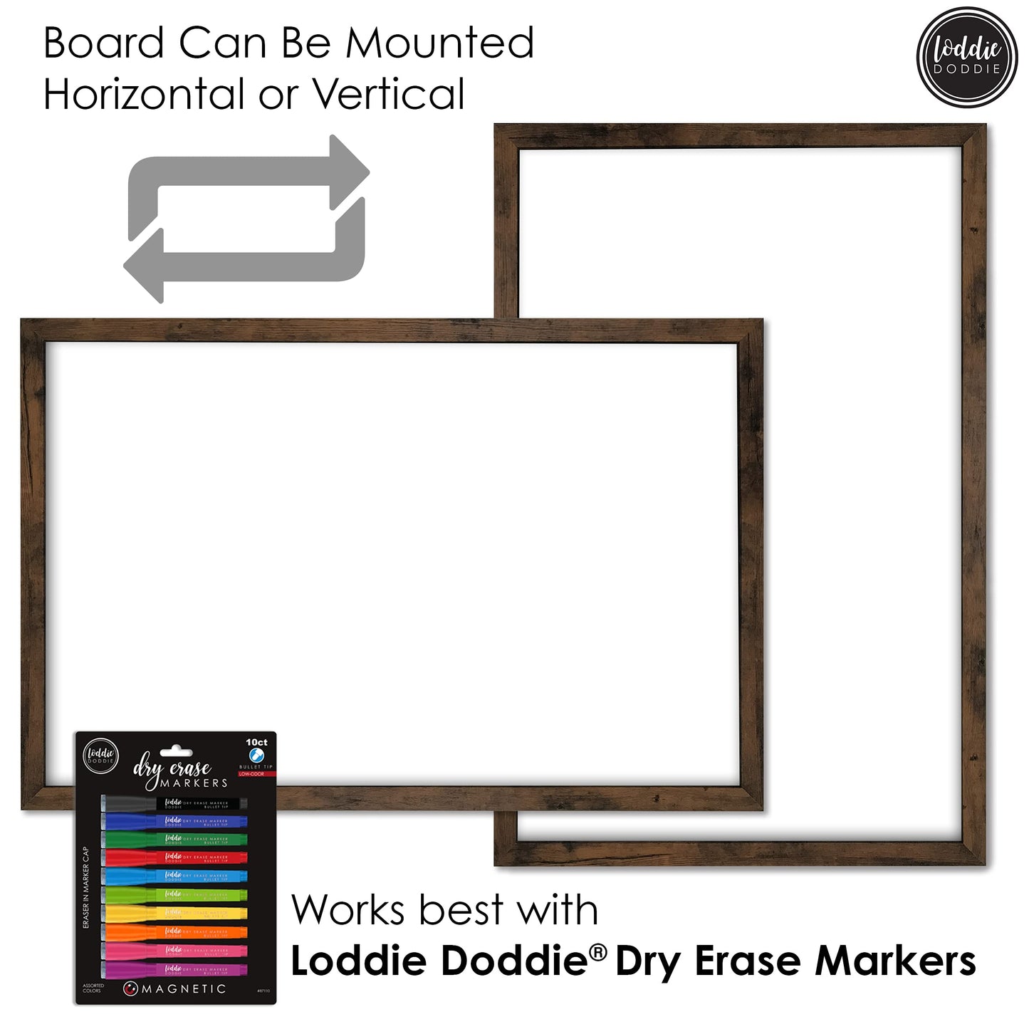 Loddie Doddie Magnetic Whiteboard - 24 x 36 in Rustic Wood Frame - Magnetic Dry Erase Board for Wall - Big White Board for Home Office - Built-in Marker Tray & Message Center