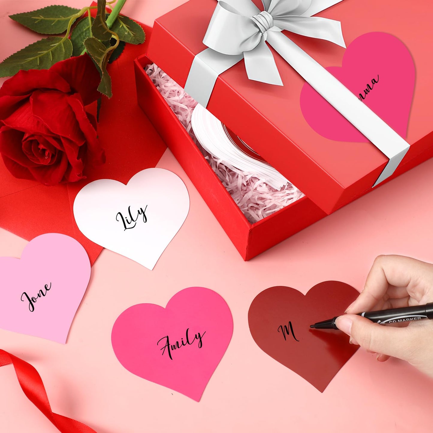 JUNEBRUSHS Heart Cutout, 120Pcs Valentine's Day Cutouts Red Pink White Rose Red Heart Shaped Paper Cutout for Valentines Classroom Bulletin Board Decoration School Craft Projects