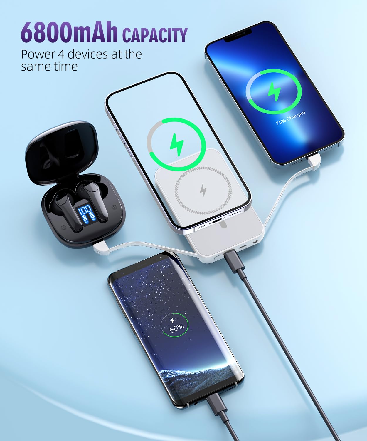 for Magnetic Power Bank, 6800mAh Wireless Portable Charger with PD30W Fast Charging, Battery Pack Built-in 2 Output Cables for iPhone Series(Silver White)