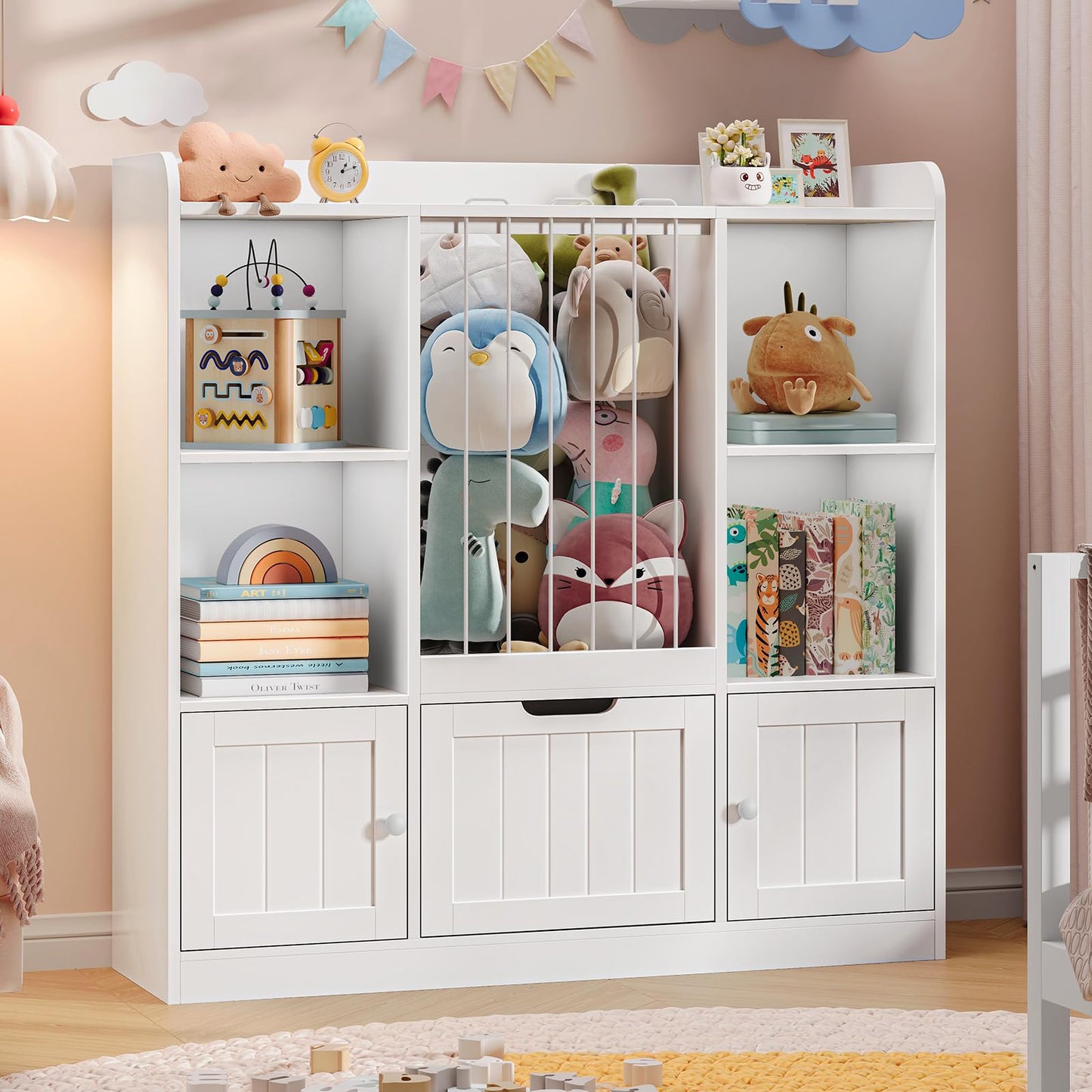 Vabches Toy Storage Organizer, Toddler Stuffed Animal Zoo with Drawer and Doors, Multi-Functional Kids Bookshelf Floor Storage Chest with 4 Storage Cubbies for Playroom, Kids Room, White