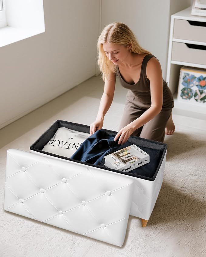 GLAXYFUR 30 Inches Storage Ottoman Bench with Wooden Legs, Faux Leather Folding Ottoman Foot Rest, Storage Bench for Living Room, Hallway & Bedroom, Upgrade Large Capacity (Engineered Wood, White)