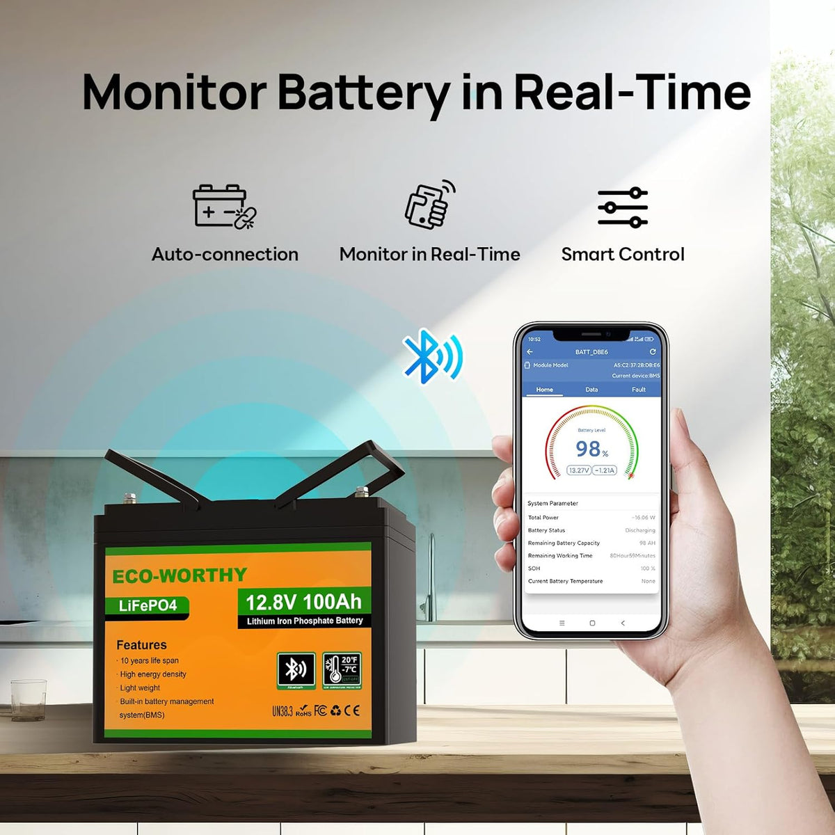 ECO-WORTHY 12V 100AH LiFePO4 Lithium Battery with Bluetooth, Max.1280Wh Energy, Low Temperature Protection, Group 24, Built-in 100A BMS, Perfect for Trolling Motor, RV, Boat, Solar Off-Grid