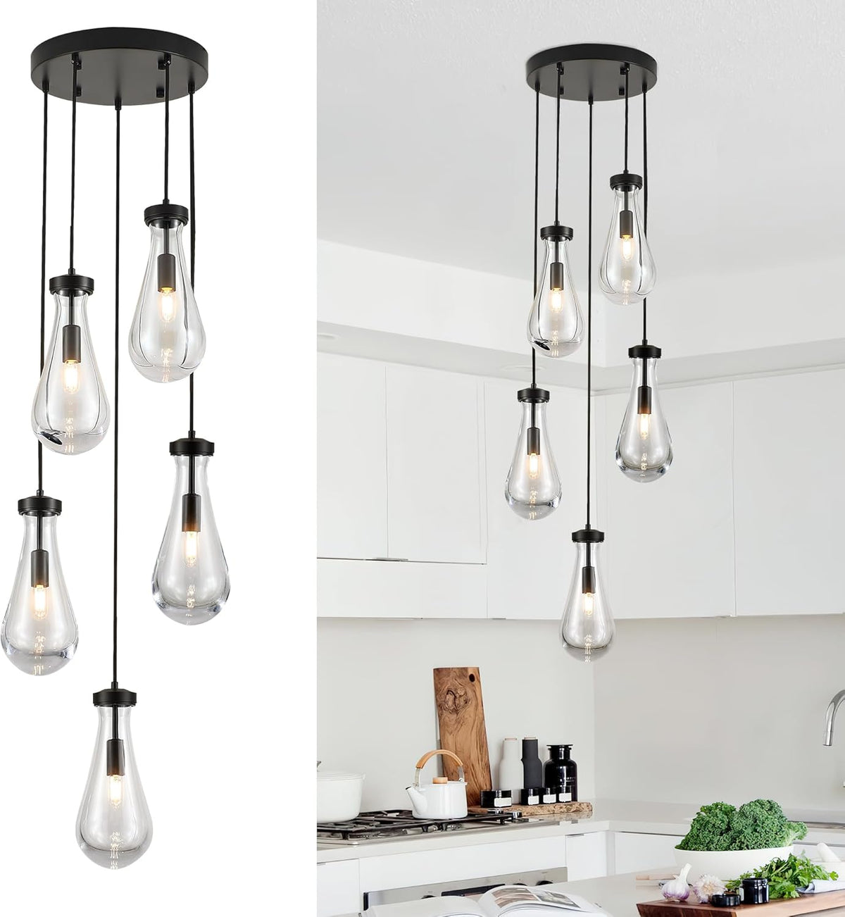 5-Light Raindrop Pendant Light Fixtures, Black Glass Pendant Lighting, Teardrops Modern Hanging Light for Entryway Foyer Kitchen Island Dining Living Room Hallway