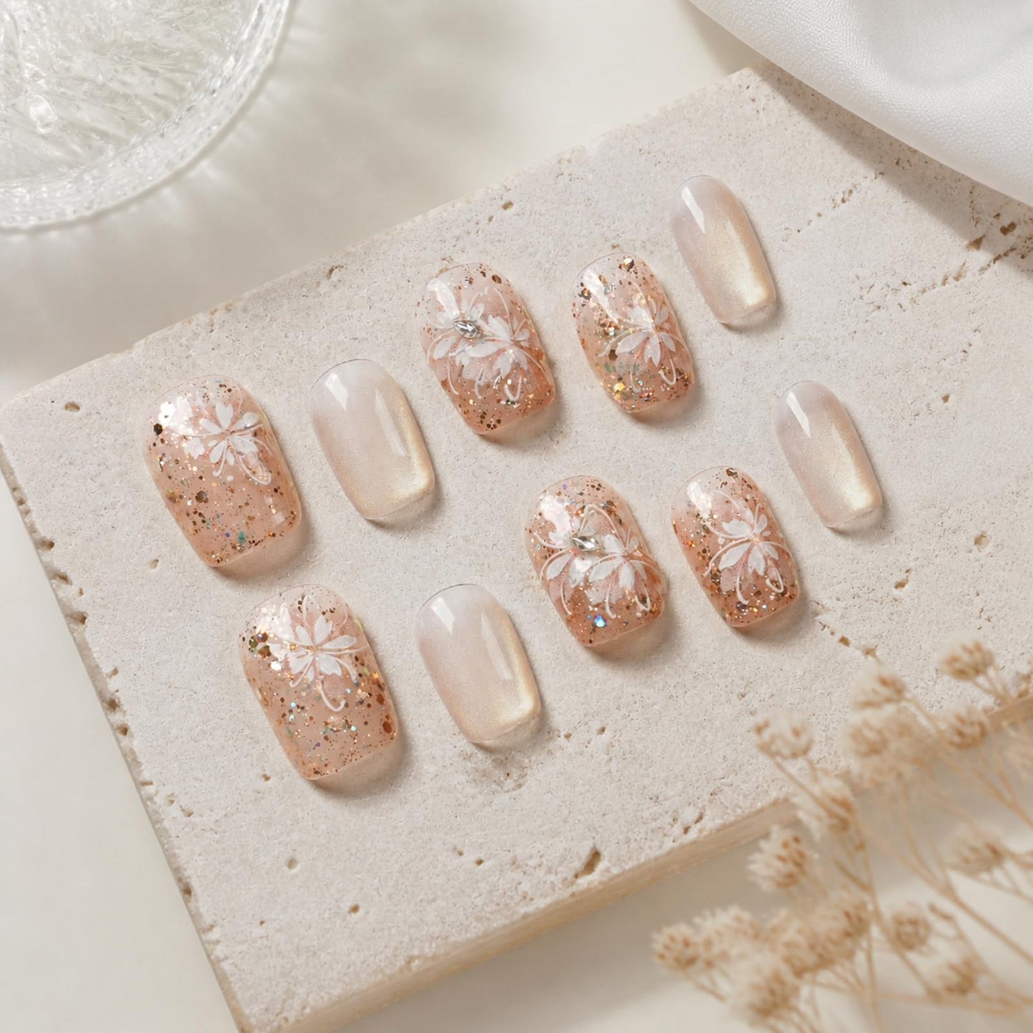 Tesytto Handmade Press on Nails Glitter Short Coffin, Nude Pink with Flower & Butterfly Pattern, Reusable Full Cover False Nails 10Pcs (Warm Glossy Dream,M)