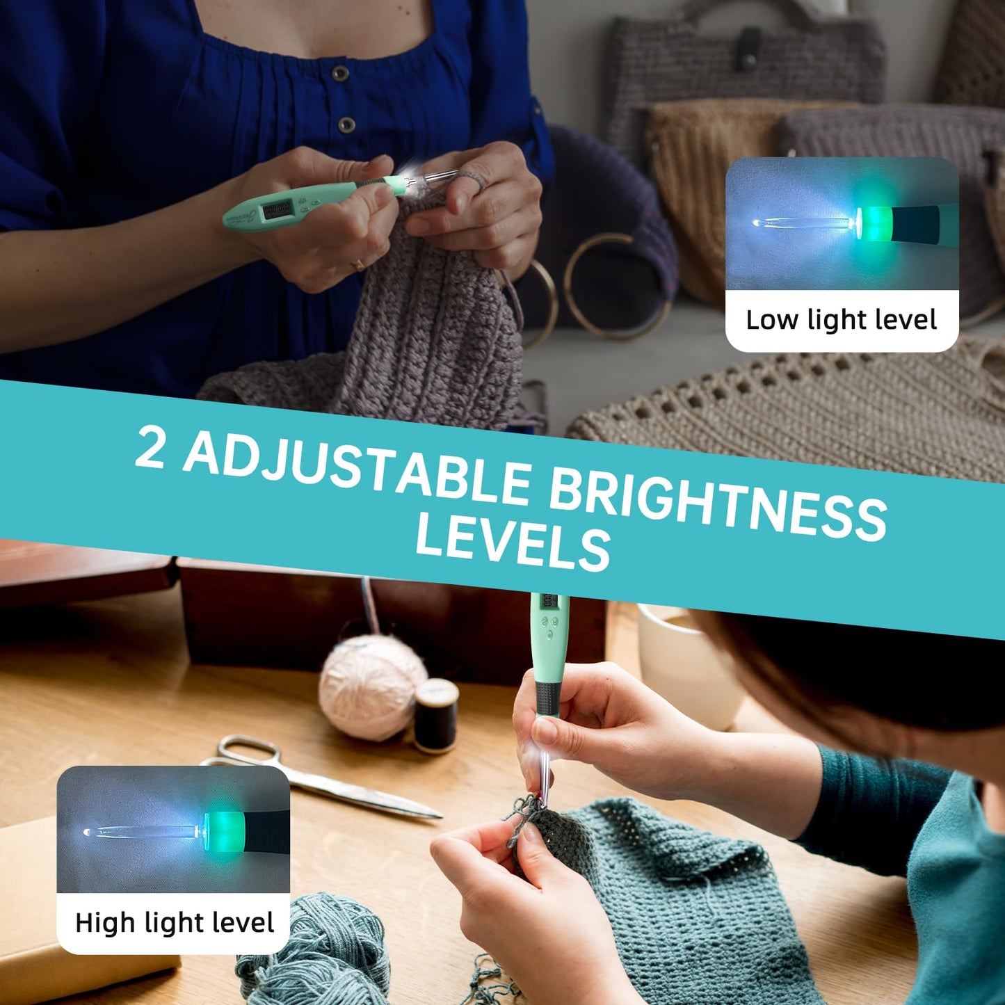Jeciran 24 Interchangeable Heads Light Up Crochet Hook Set with Digital Stitch Counter,Ergonomic Rechargeable LED Crochet Hooks for Dark Yarn & Arthritic Hands,Knitting Tool Kit,Gifts for Crocheters