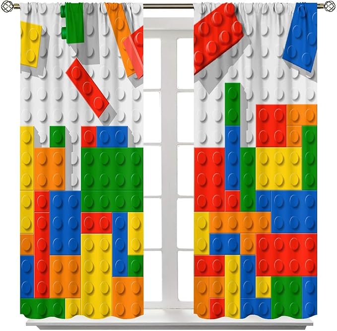 Building Blocks Toy Curtain Rod Pocket Children's Nursery Abstract Outline Colorful Plastic Toy Brick Geometric Print Pattern Curtain Boys Girls Bedroom Playroom 2 Panels 72x63in