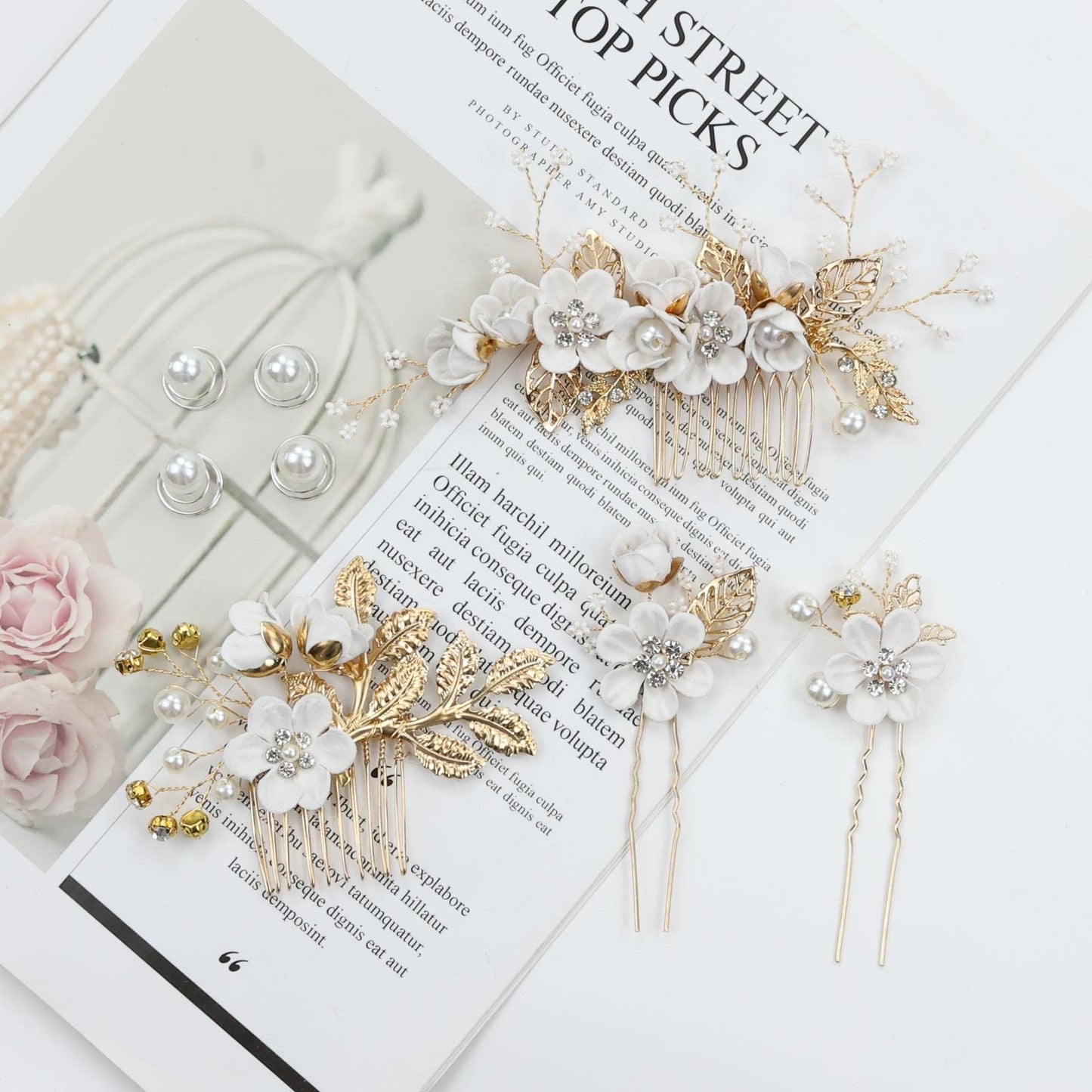 inSowni -20 Pack White Dusty Pink Blue U Shape Flower Shape Pearl Spiral Hair Combs Hair Bridal Accessories