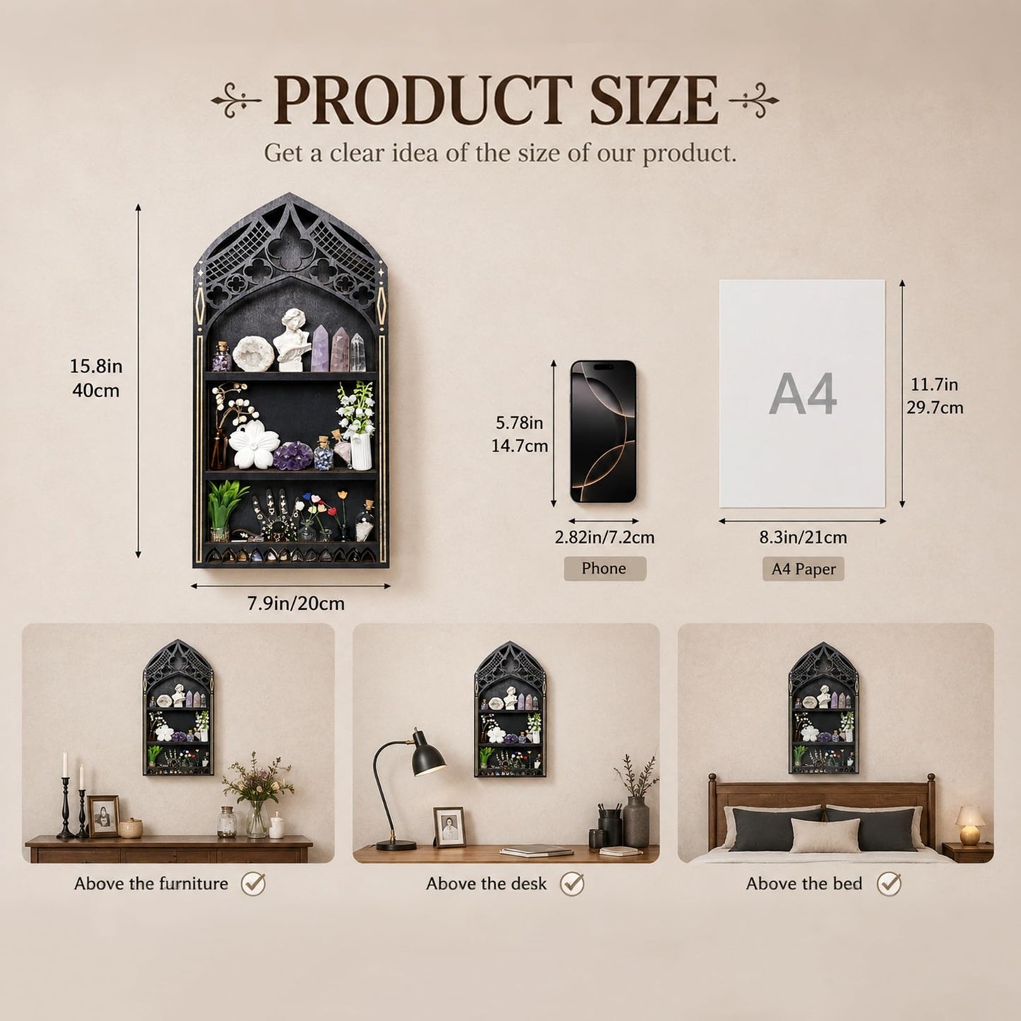 Gothic Window Crystal Shelf Display for Wall, Wooden Gem Stone Rock Storage Holder Trinkets Organizer, Wall Mount Stand Case Box for Witch Wiccan Decor, Spiritual Gift for Home Bedroom Living Room