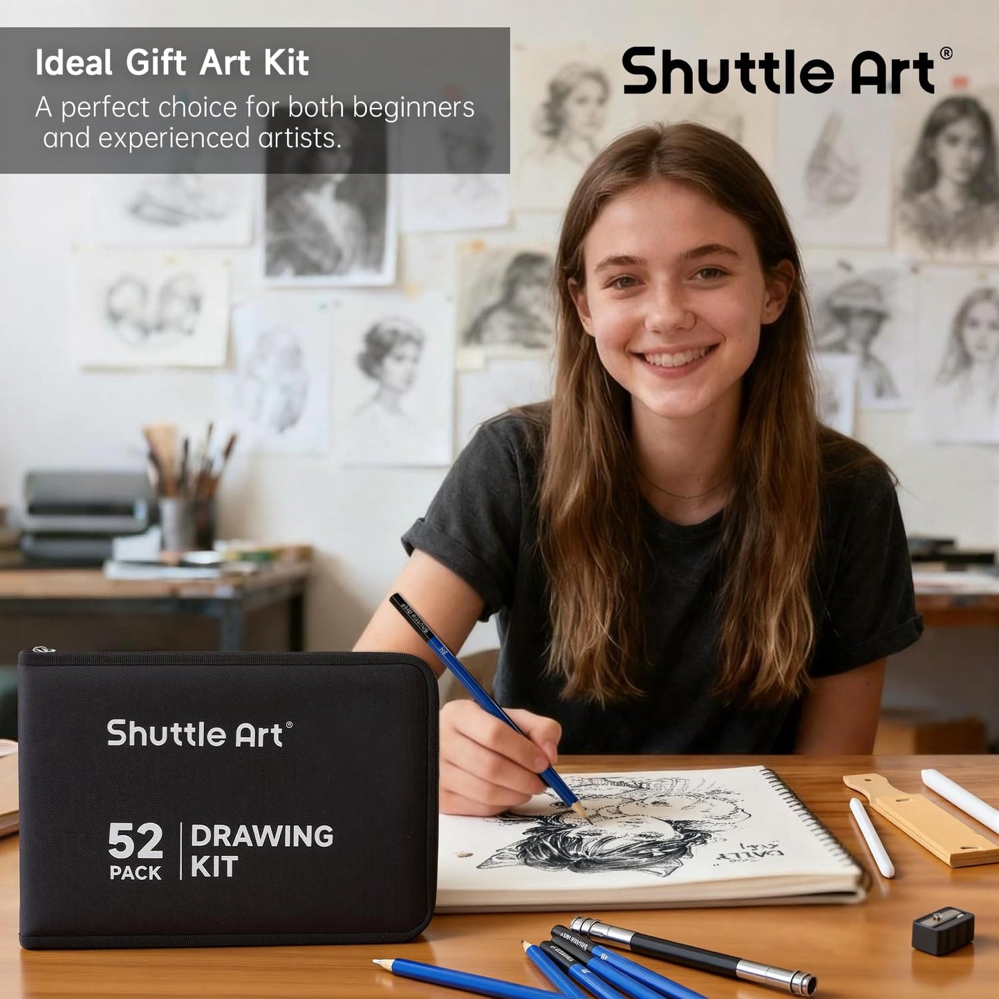 Shuttle Art 52 Pack Drawing Pencils Set, Professional Art Kit with Graphite Charcoal Sticks, Drawing Pad in Portable Case, Ideal for Kids and Adults Artists